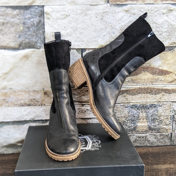 ⚡SOLD⚡SILENT D x Anthropologie Mid-Calf Brink Boot Black Leather w Wood Lug Sole - Picture 3 of 12